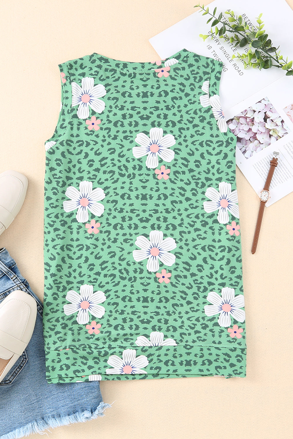 Green Crew Neck Floral Leopard Print Tank Top