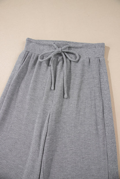 Gray Waffle Knit Drawstring High Waist Wide Leg Pants