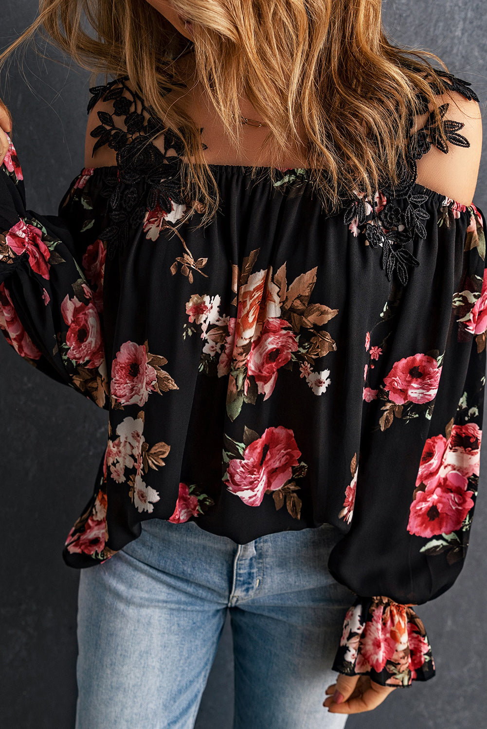 Black Floral Print Lace Patchwork Loose Cold Shoulder Blouse