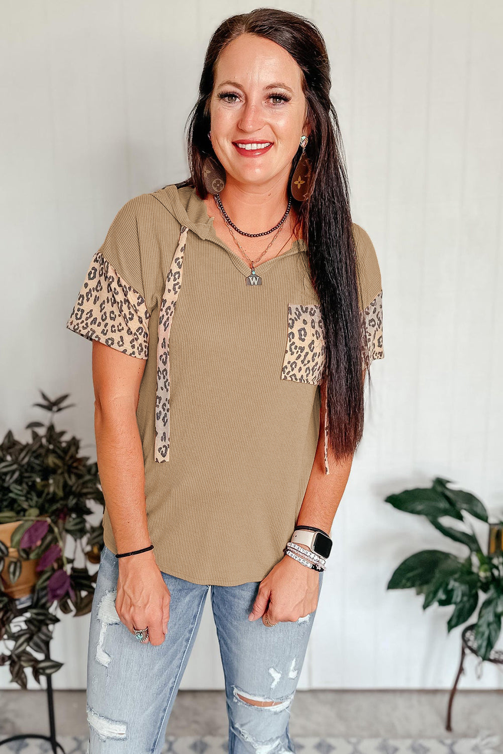 Khaki Leopard Patchwork Drawstring Hooded T Shirt