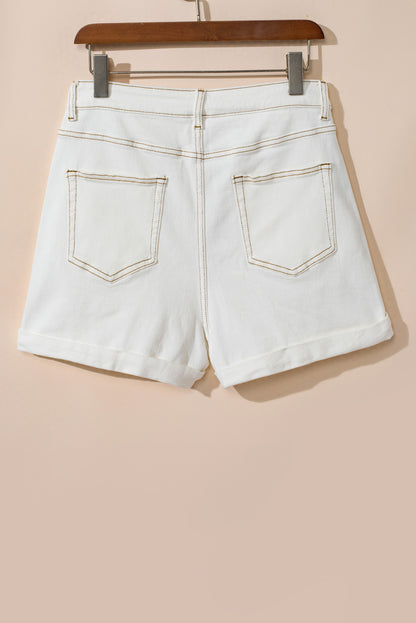 White Asymmetric Waist Design Stylish Denim Shorts