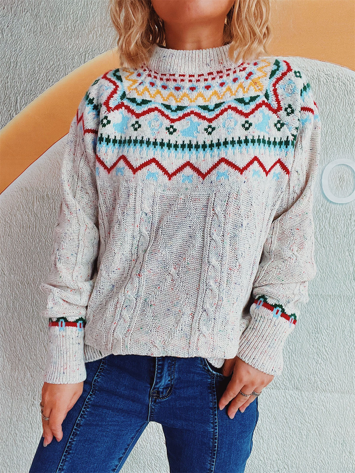 Cable-Knit Mock Neck Long Sleeve Sweater