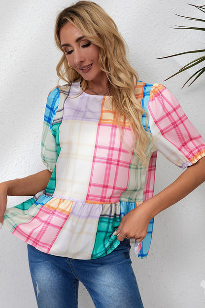 Multicolor Bold Plaid Color Block Puff Sleeve Peplum Top