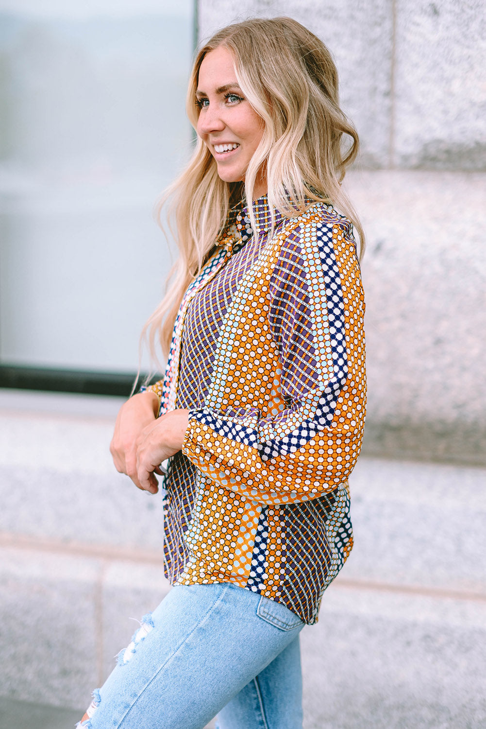 Brown Dot Print Long Sleeve Button Down Shift Shirt