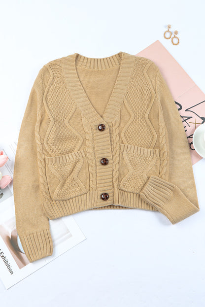 Beige Front Pockets Buttons Textured Cardigan