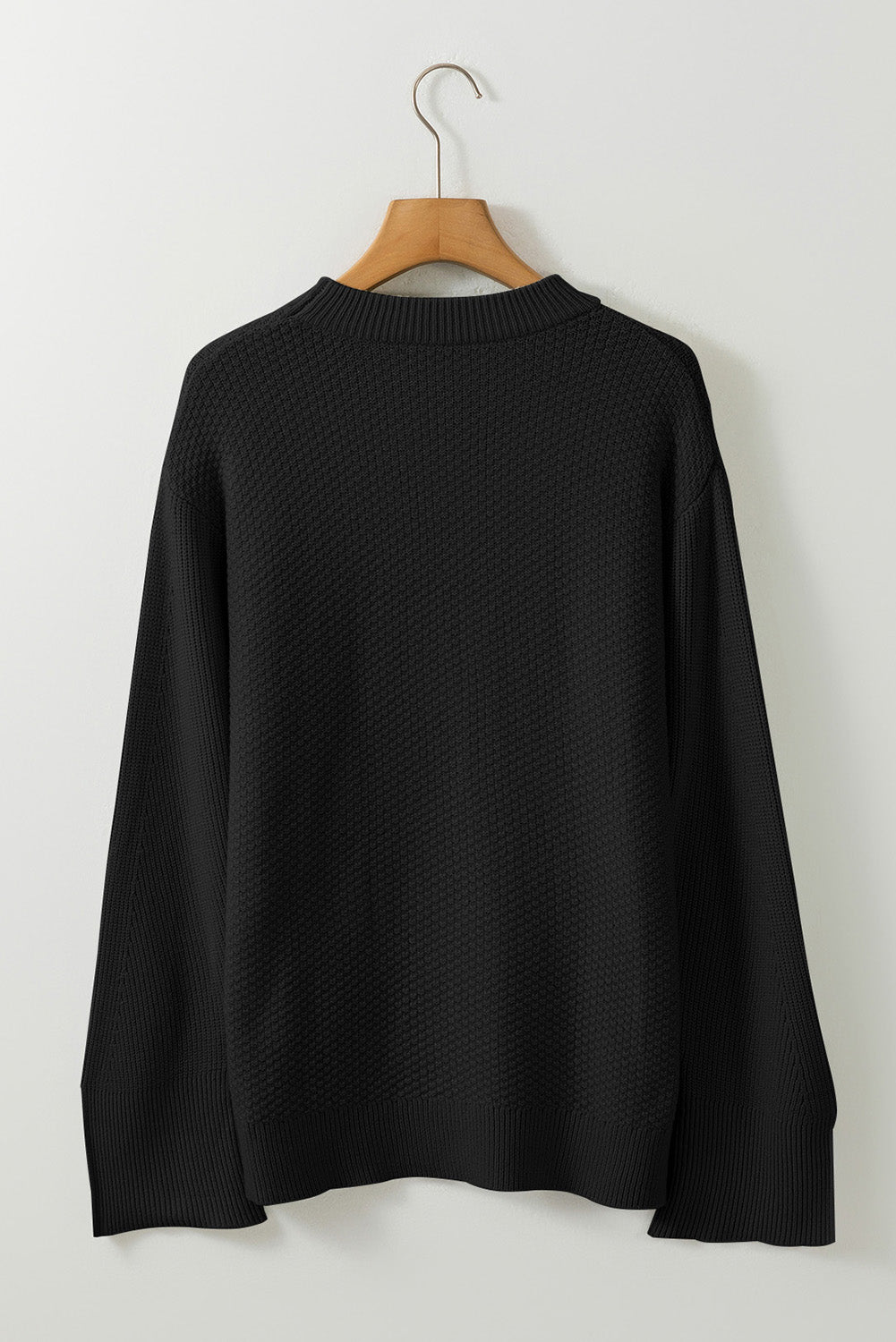 Black Solid Textured Knit Split Cuff Drop Shoulder Loose Sweater