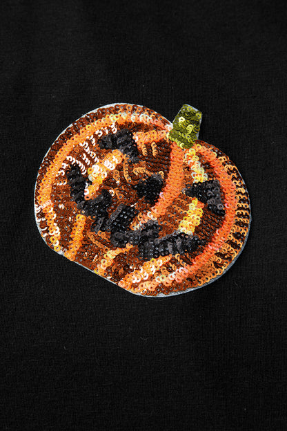 Black Sequin Pumpkin Face Halloween T Shirt