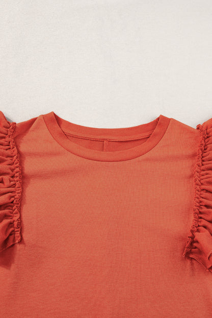 Orange Tiered Ruffled Sleeve Crew Neck T Shirt