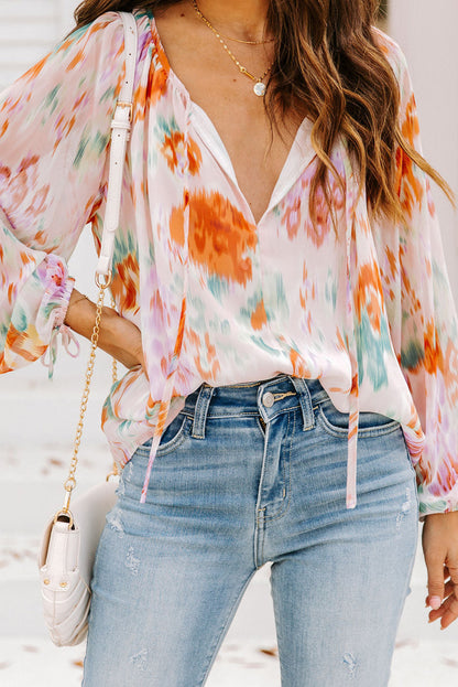 Multicolor Abstract Print Split Neck Puff Sleeve Blouse