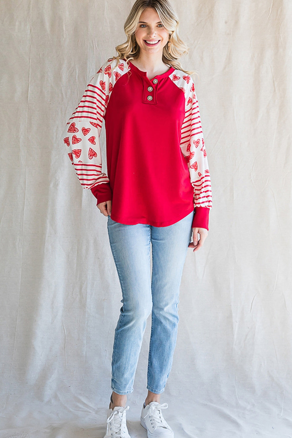 Fiery Red Heart Striped Raglan Sleeve Henley Top