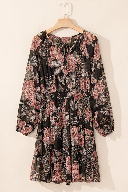 Black Vintage Floral Puff Sleeve V Neck Smock Waist Dress