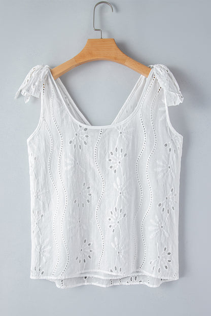 White Embroidery Patterned Knotted Straps V Neck Tank Top