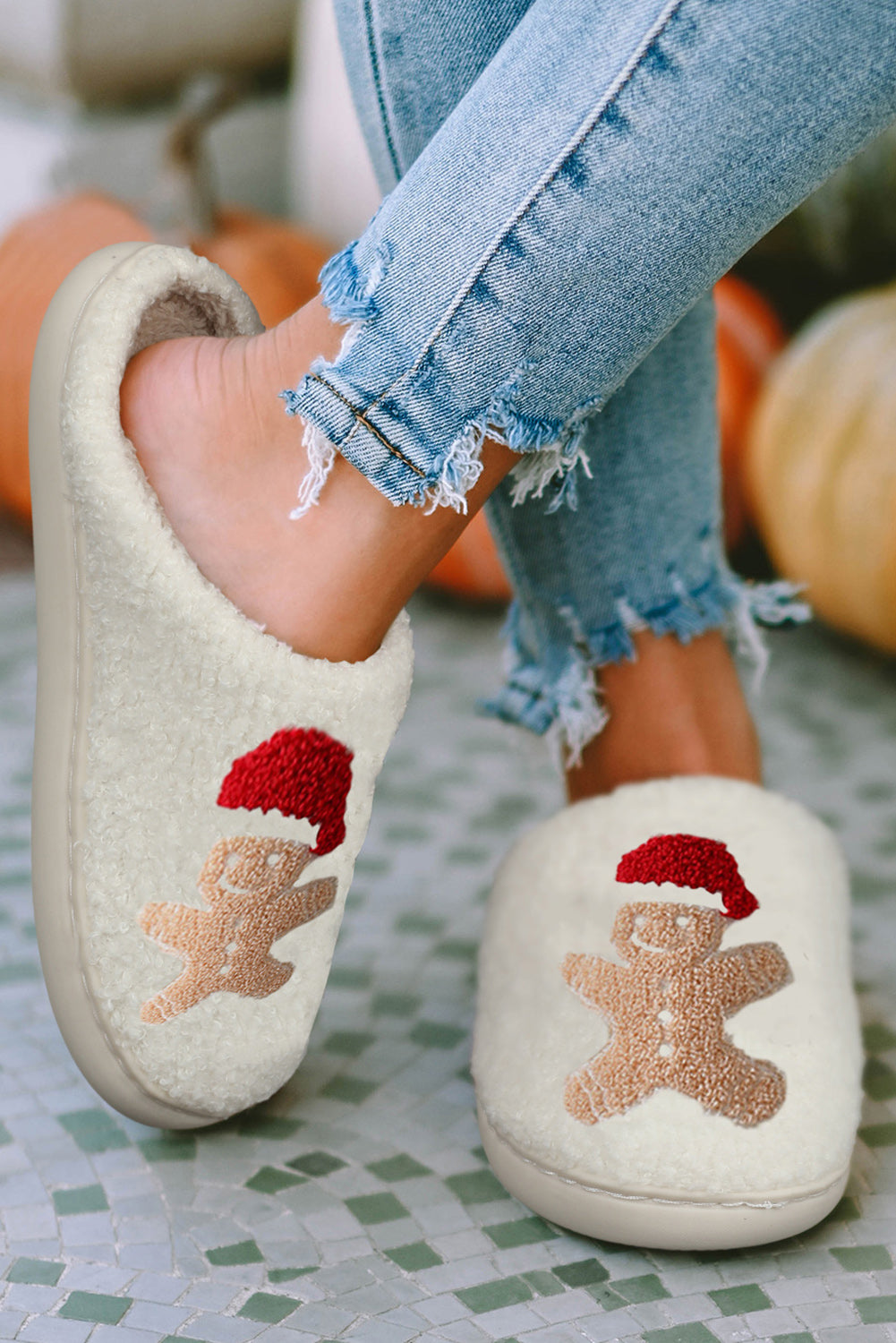 White Christmas Gingerbread Man Plush Home Slippers