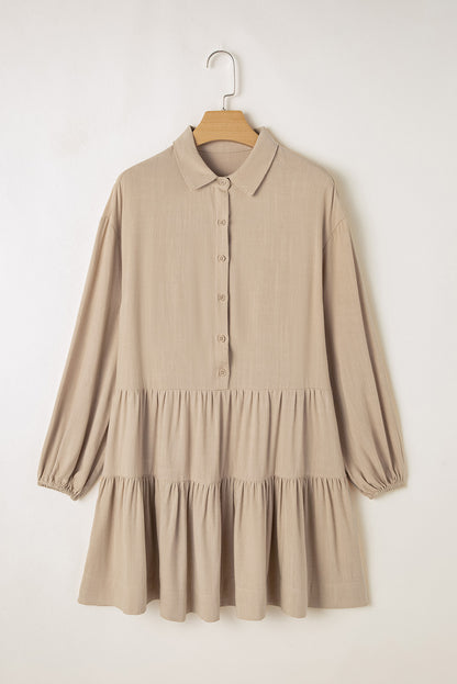 Tan Puff Sleeve Buttoned Tiered Pleated Shirt Mini Dress