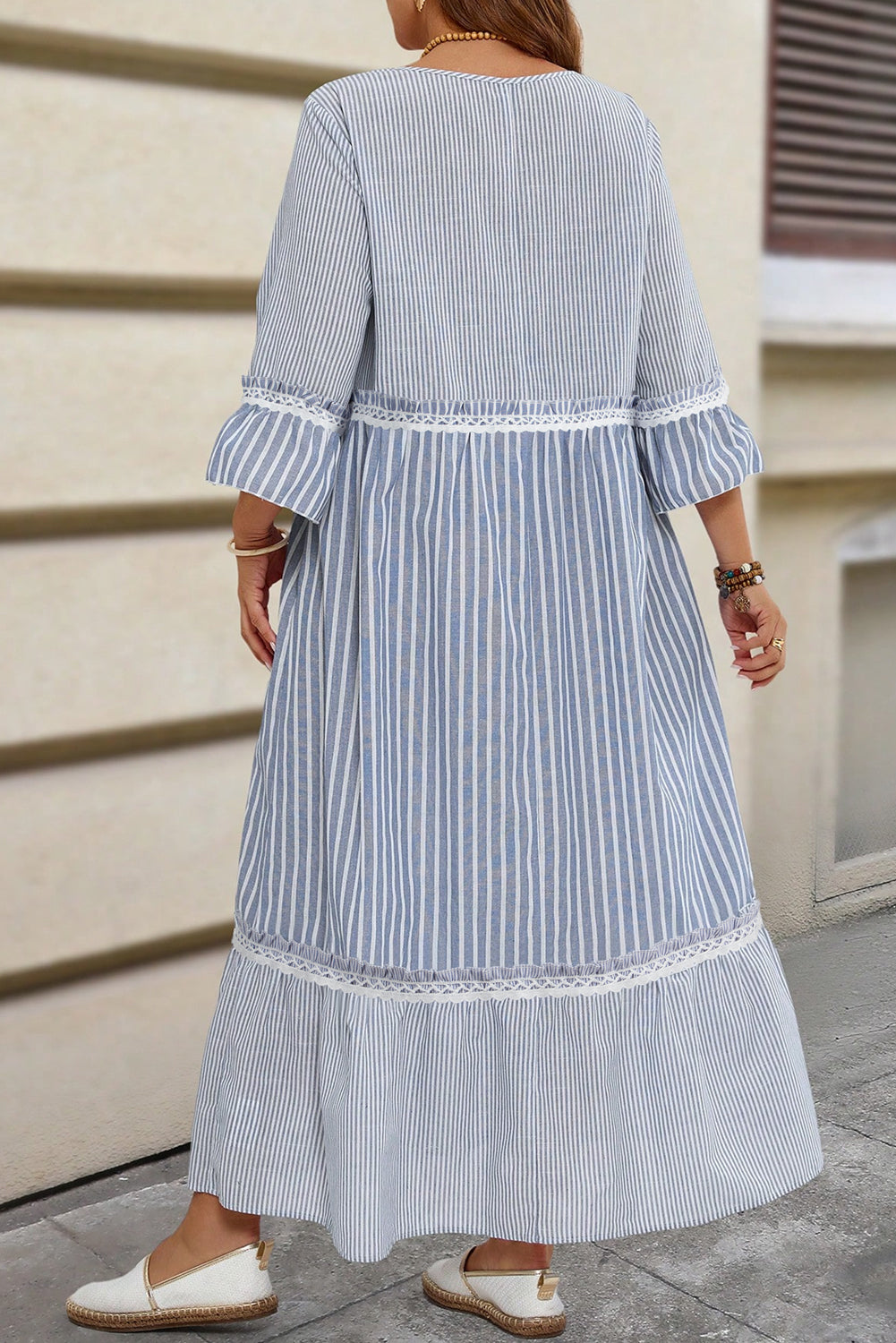 Sky Blue Stripe Crisscross Lace Detail Mixed Striped Patchwork Plus Size Shift Long Dress