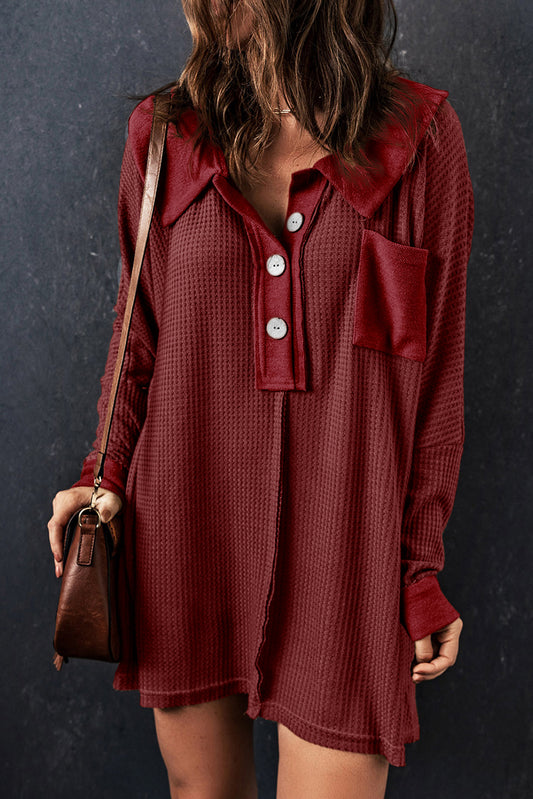 Red Waffle Knit Buttoned Long Sleeve Top