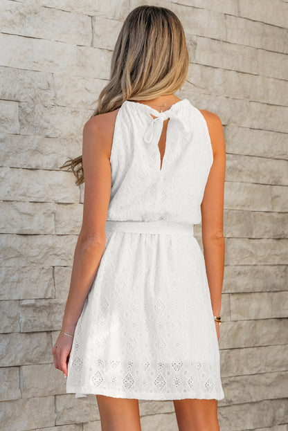 White Lace Sleeveless Knot Hollow Out Back Tied Waist Mini Dress