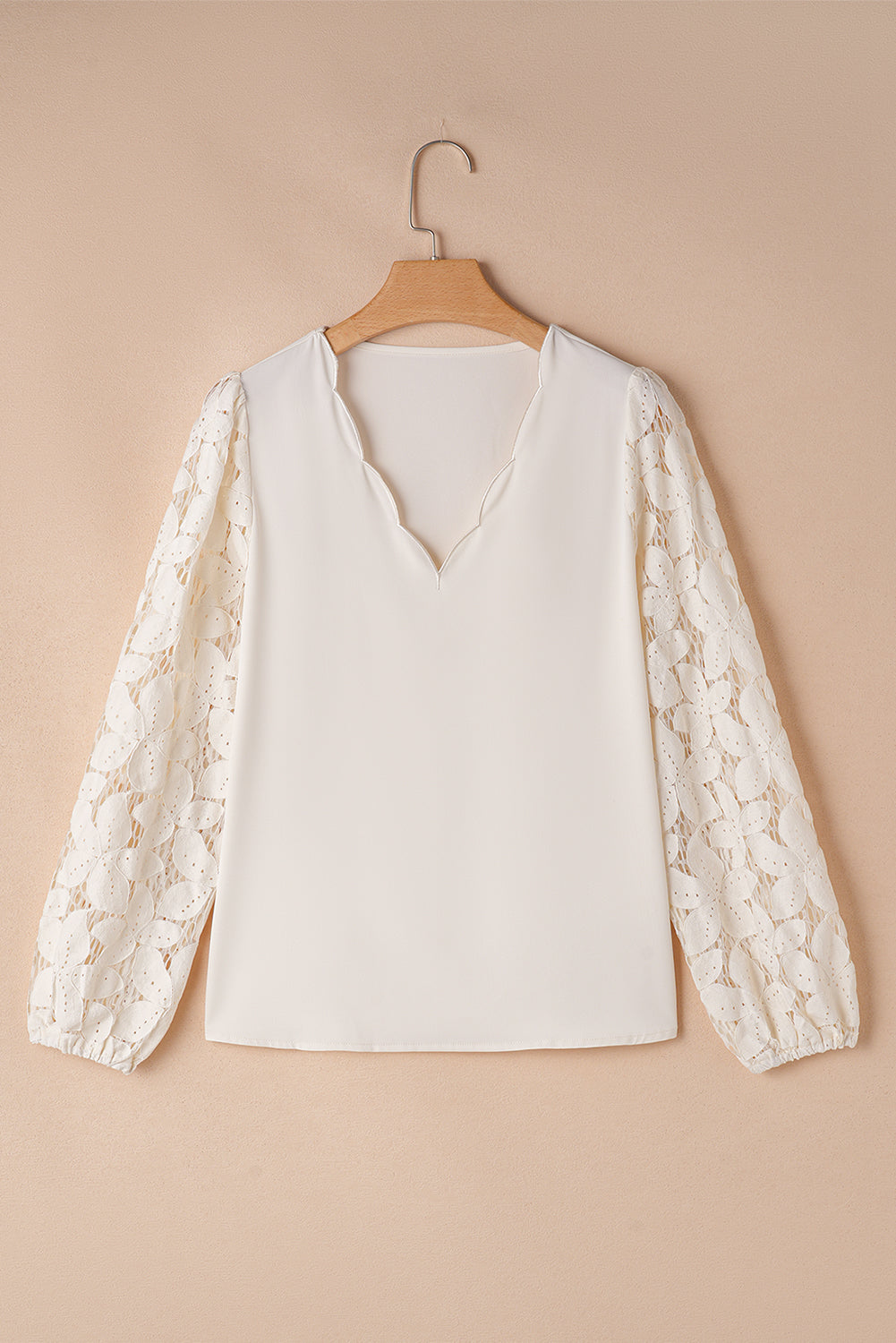 White Scalloped V Neckline Lace Hollowed Lantern Sleeve Blouse