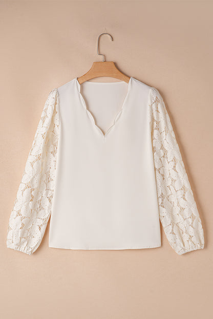 White Scalloped V Neckline Lace Hollowed Lantern Sleeve Blouse