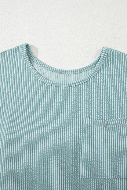 Canton Corded Knit Textured Patched Pocket Frilled Swing Mini Dress with Pockets