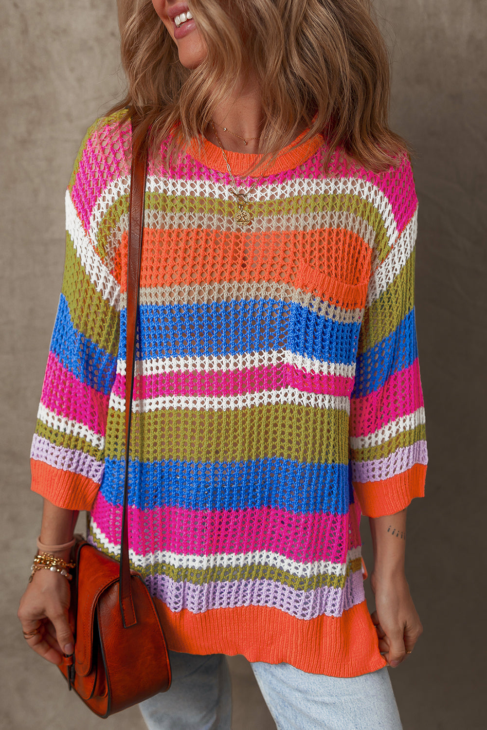 Orange Stripe Colorblock Hollowed Crochet 3/4 Sleeve Sweater