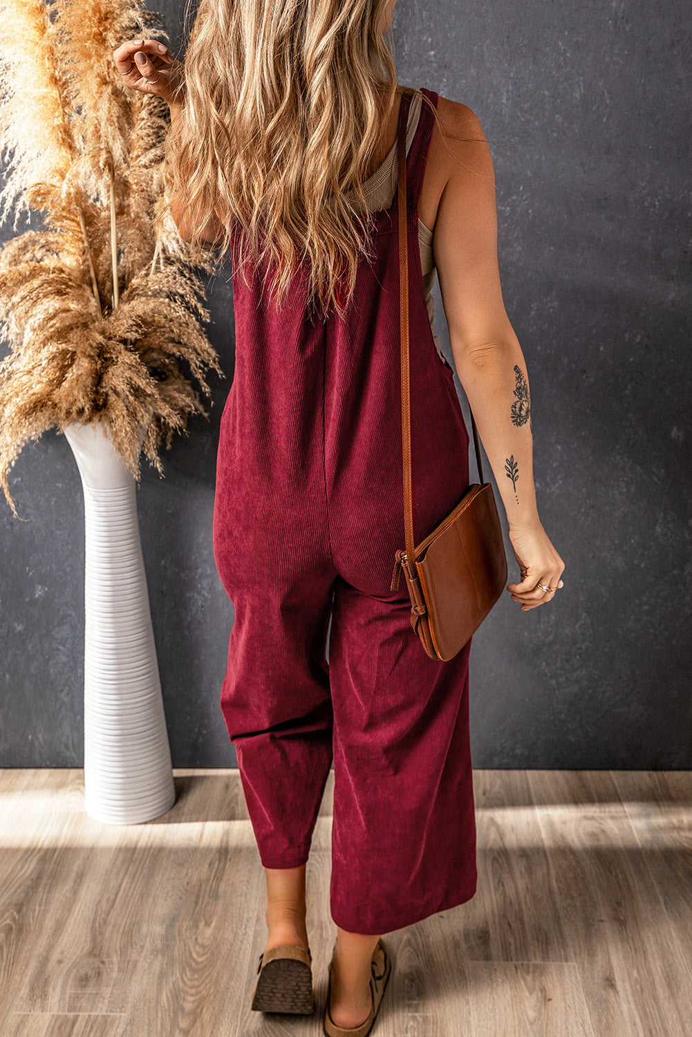 Fiery Red Solid Color Corduroy Wide Leg Bib Overalls