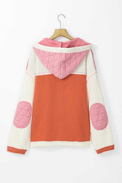 Coral Quilted Textured Patchwork Loose Fit Hooded Jacket