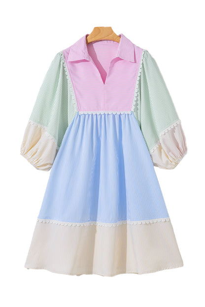 Multicolour Striped Patchwork Ric Rac Puff Sleeve Collared Mini Dress