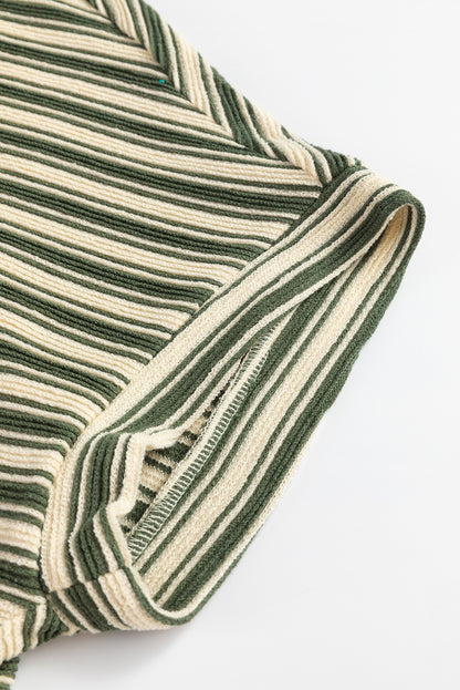 Green Stripe Textured Side Slits Crew Neck T Shirt