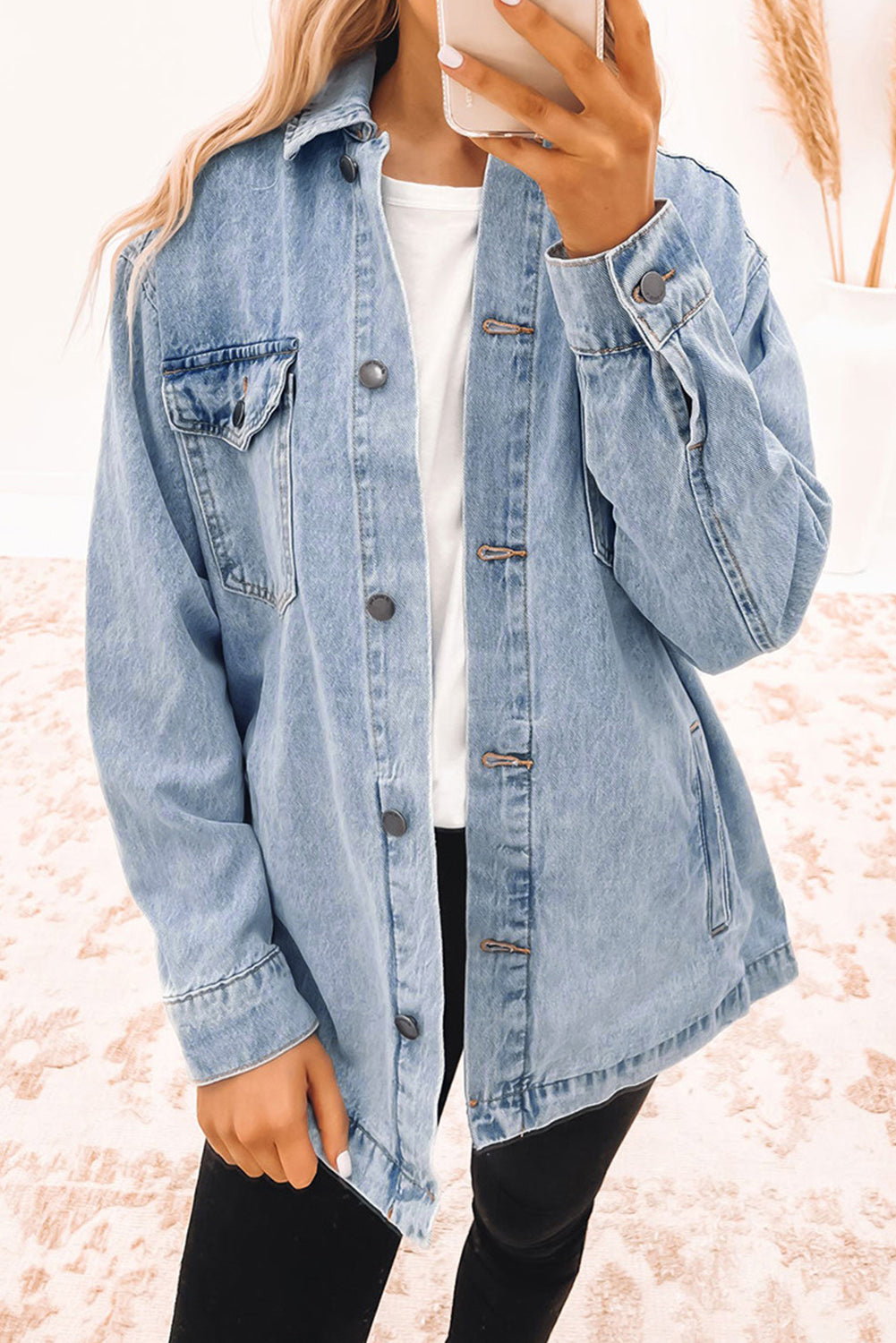 Sky Blue Acid Wash Flap Pocket Boyfriend Shacket