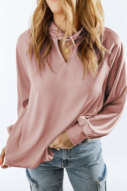 Pink Twist High Neck Puff Sleeve Satin Blouse