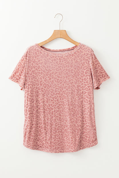 Pink Burnout Velvet Leopard Print Short Sleeve Top