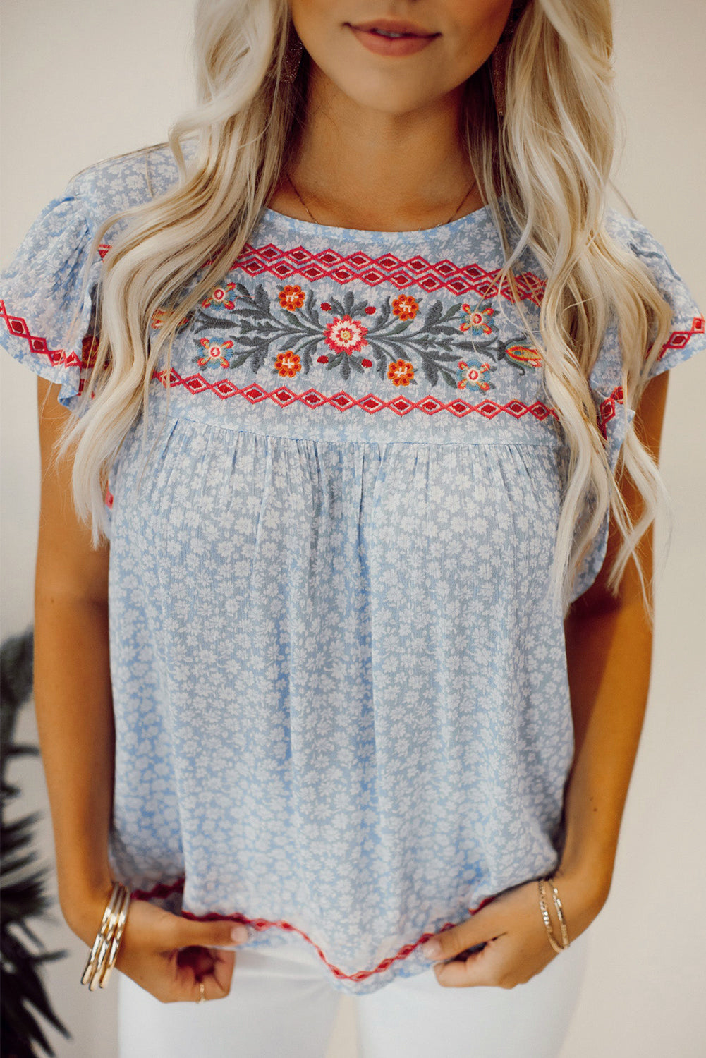 Sky Blue Boho Embroidered Floral Print Flutter Sleeve Blouse