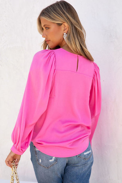 Pink Satin Puff Long Sleeve Crewneck Blouse