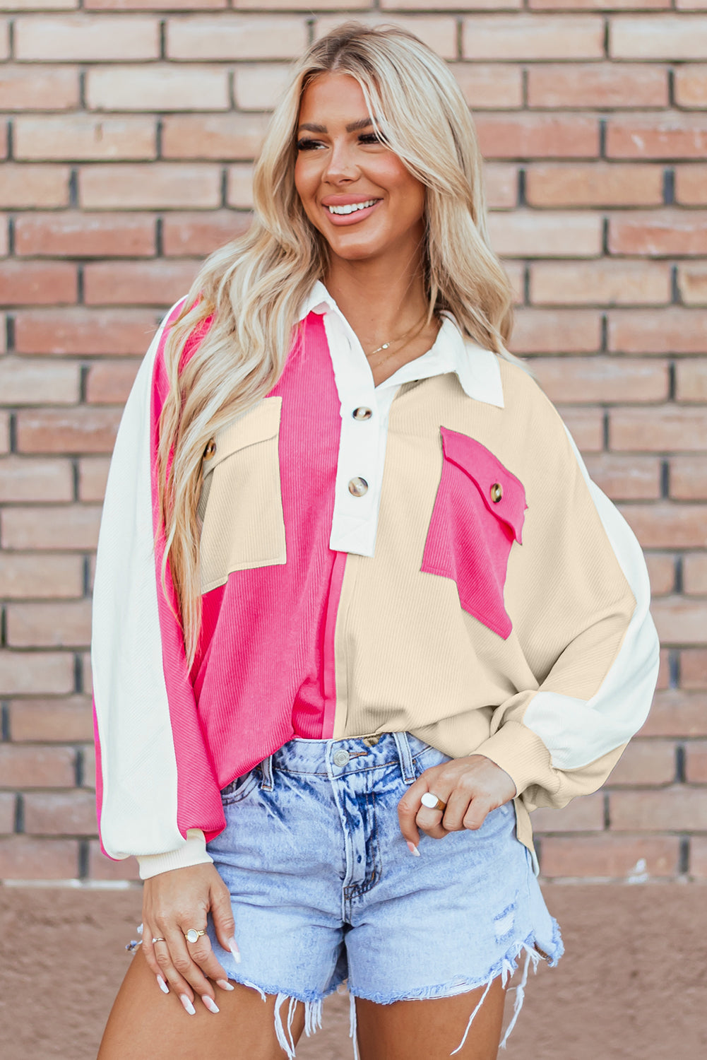 Rose Red Colorblock Ribbed Collared Oversized Sweatshirt