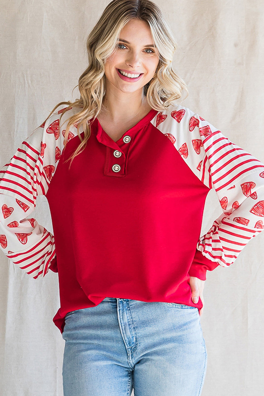 Fiery Red Heart Striped Raglan Sleeve Henley Top