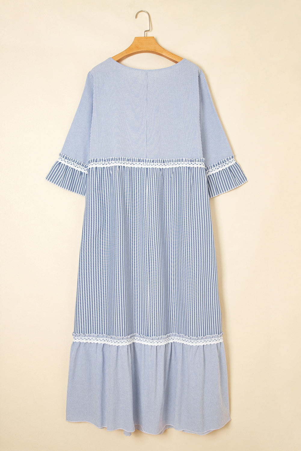 Sky Blue Stripe Crisscross Lace Detail Mixed Striped Patchwork Plus Size Shift Long Dress