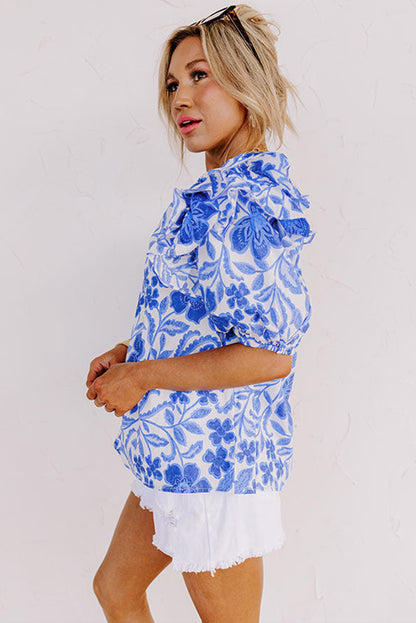 Dark Blue Floral Print Ruffled Bubble Sleeve Blouse