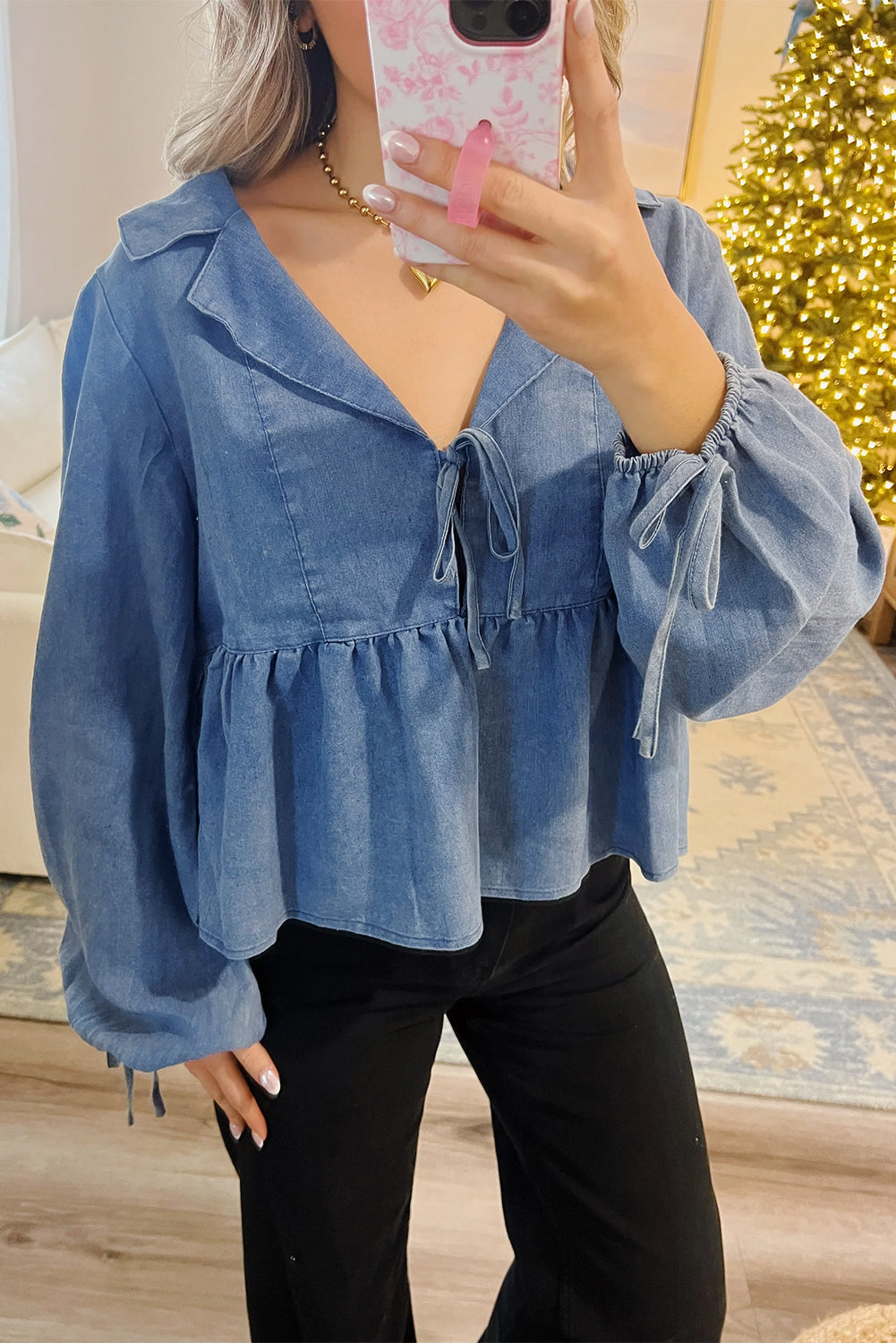 Dusk Blue Denim Lapel Neck Balloon Sleeve Tied Peplum Top