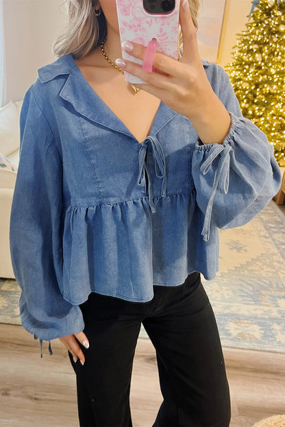 Dusk Blue Denim Lapel Neck Balloon Sleeve Tied Peplum Top
