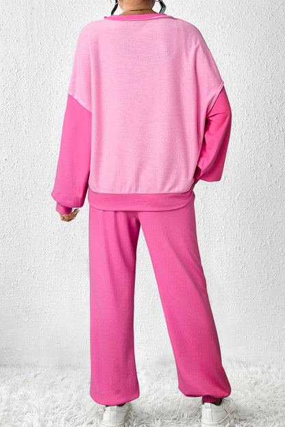 Bonbon Contrast Patchwork Pullover and Drawstring Joggers Set