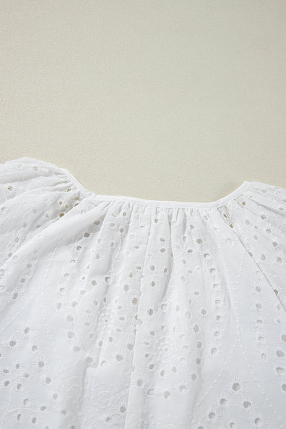 White Eyelet Embroidered V Neck Puff Sleeve Blouse