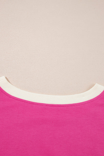 Rose Red Color block Edge Drop Shoulder T Shirt and Skirt 2Pcs Set