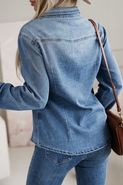 Dusk Blue Flap Pockets Slim Buttoned Denim Shirt