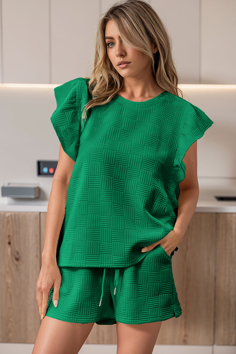 Bright Green Textured Ruffled Sleeve Tee and Drawstring Shorts Set