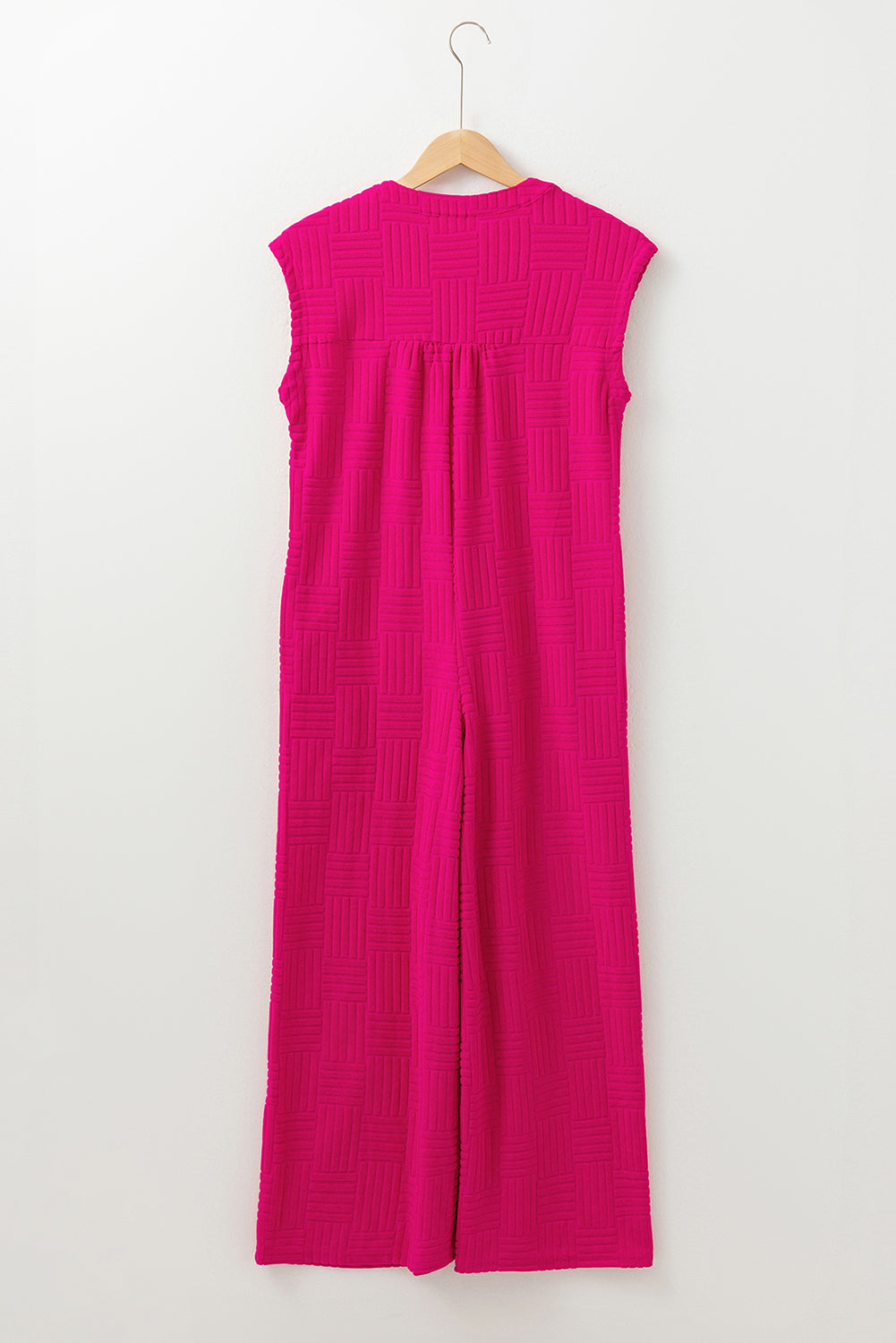 Bright Pink Terry Textured Sleeveless Button Front Wide Leg Jumpsuit