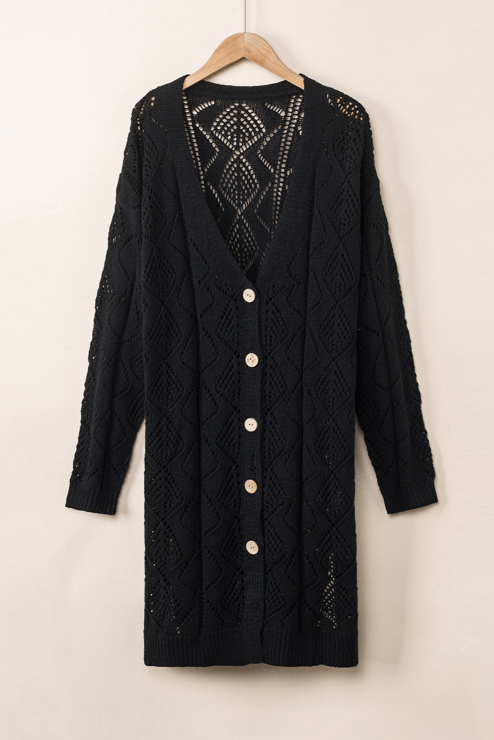 Black Hollow-out Openwork Knit Cardigan