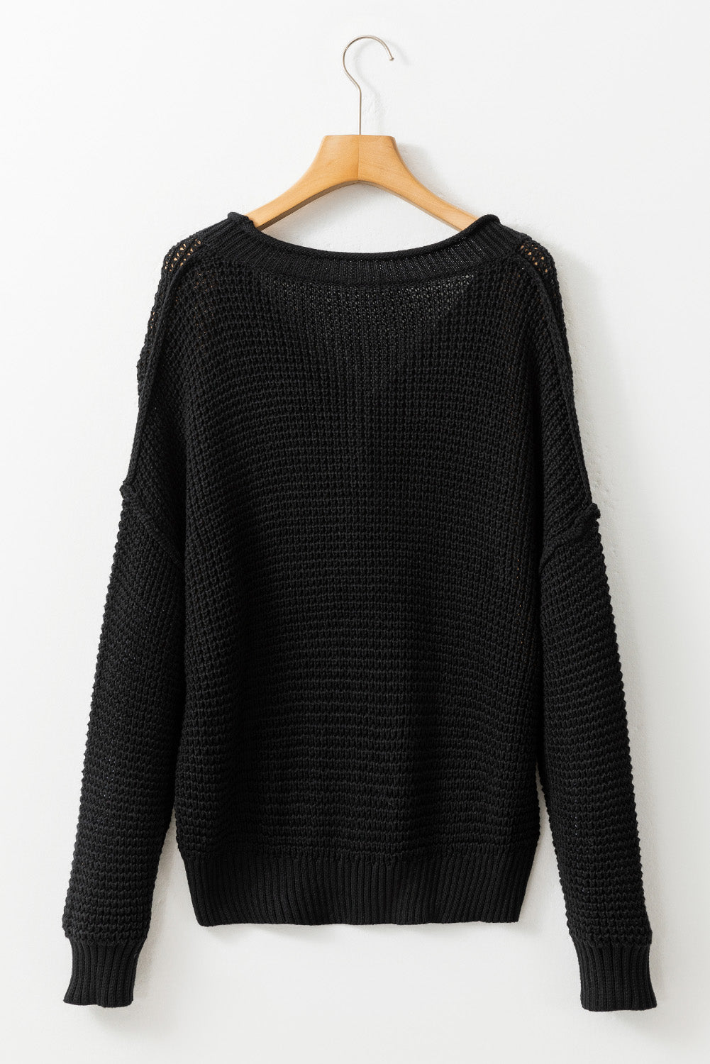 Black Pointelle Knit Button V Neck Drop Shoulder Sweater