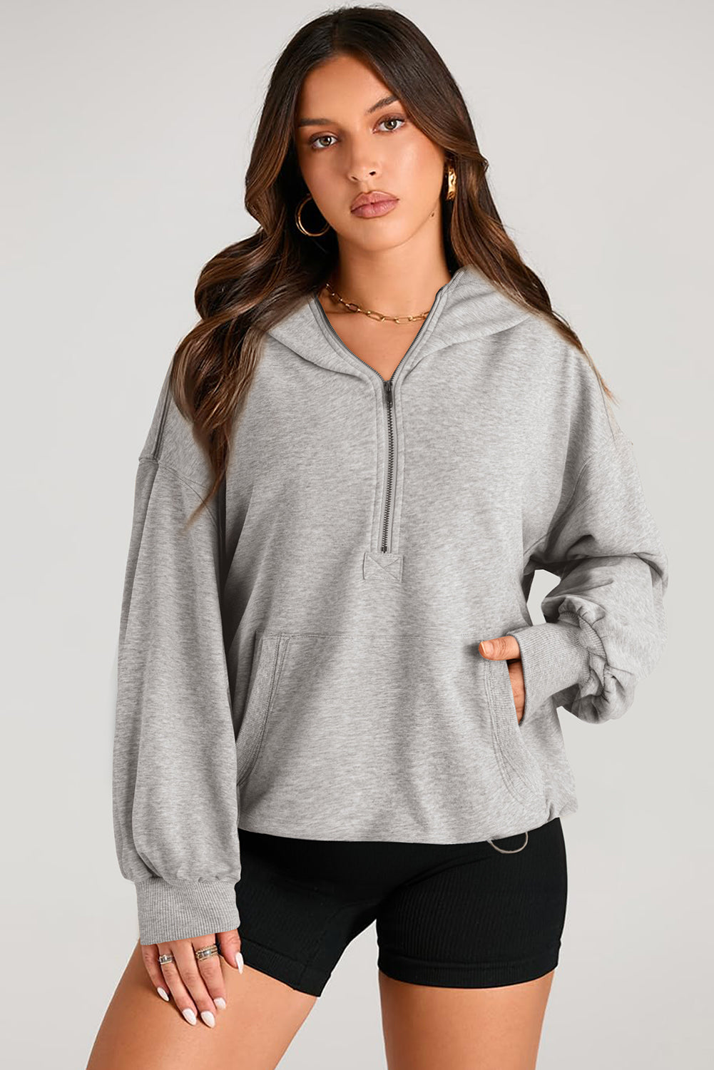 Light Grey Solid Kangaroo Pocket Half Zipper Oversized Hoodie