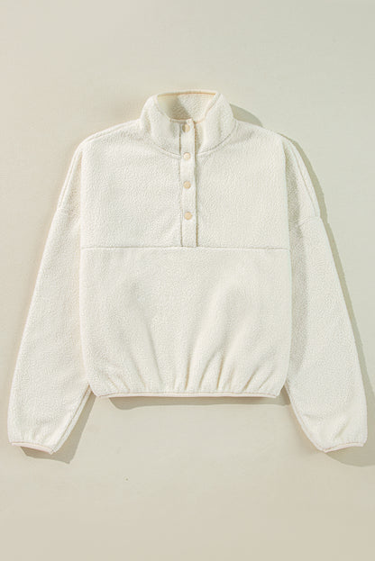 White Fleece Placket Turn-down Collar Drop Shoulder Sweatshirt